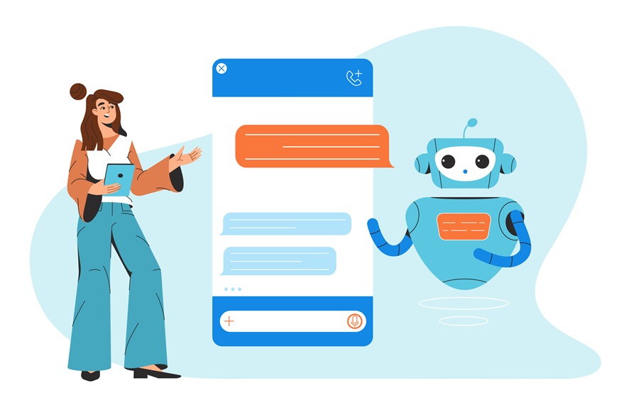 woman chatting with chatbot, communicating ai robot assistant